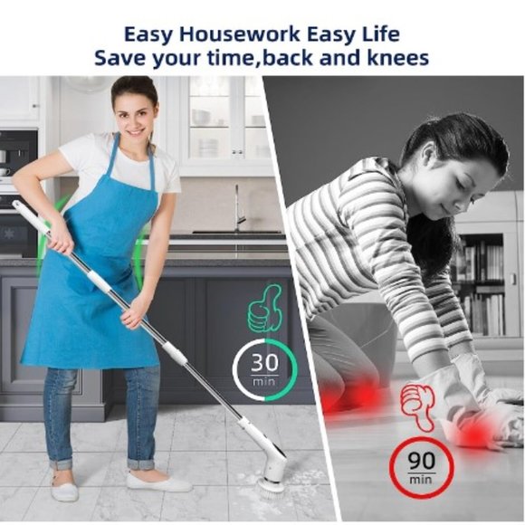 Cordless LED Electric Spin Scrubber/ Voice Prompt/ 3 Speeds/ Extension Arm/ IPX7 - Picture 4 of 12
